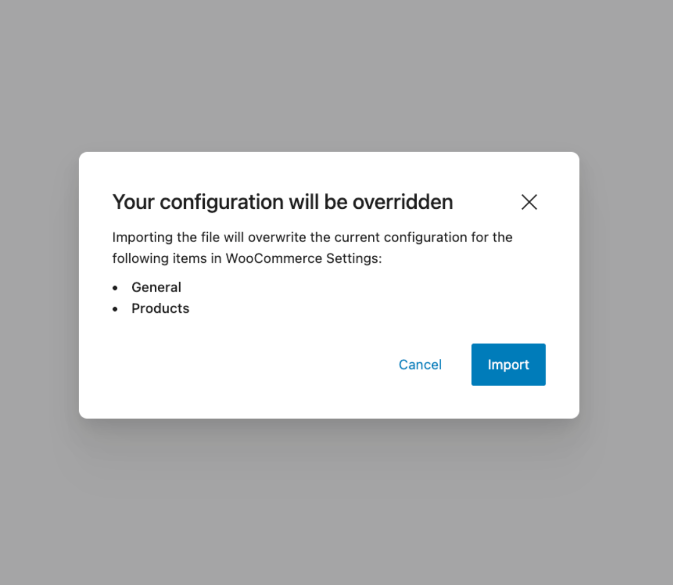 Modal window warning about configuration override in WooCommerce settings during import process.